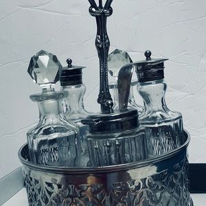 *** SOLD ** Vintage Silverplate Glass Oil Vinegar Condiment Cruet Caddy  Rack
